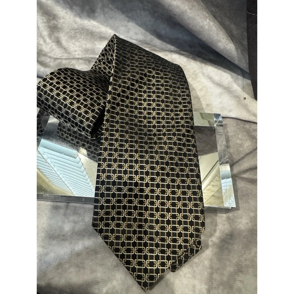 ERMENEGILDO ZEGNA Mens‎ 100% Silk Necktie ITALY Designer Geometric Black/Gold
